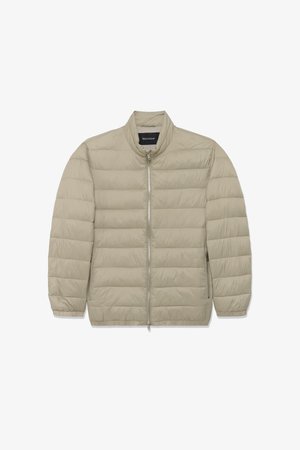 Beige lightweight quilted jacket with stand collar, front zipper, two zippered pockets, and elastic cuffs, labeled "Matinique."