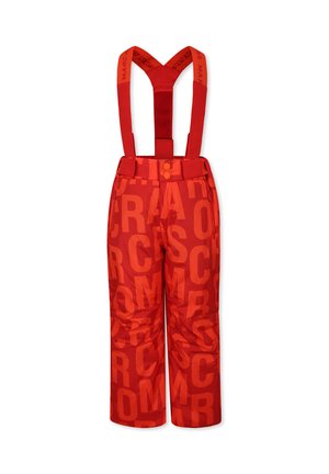 Pantalon de neige rouge avec bretelles réglables, présentant un grand logo imprimé sur toute la surface, texture lisse et deux boutons de fermeture à la taille.