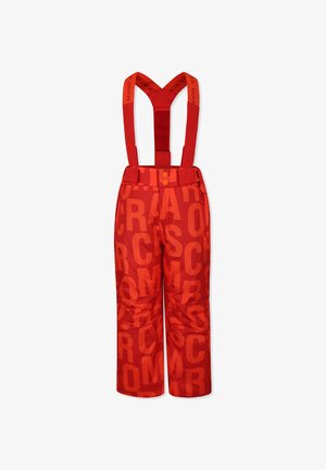 Pantalon de neige rouge avec bretelles réglables, présentant un grand logo imprimé sur toute la surface, texture lisse et deux boutons de fermeture à la taille.