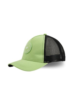 Zielona czapka baseballowa z czarną siateczkową tylną częścią i okrągłym naszywanym logo na przednim panelu, widziana z boku na białym tle.