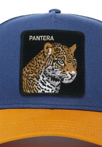 Blue cap with a yellow brim, featuring an embroidered tiger's head patch with the word "PANTERA" above in white lettering.