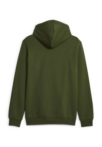 Grön hoodie med en strukturerad tyg, en huva med dragsko och ribbade muddure och fåll. Bakifrån syns en sömlös design.