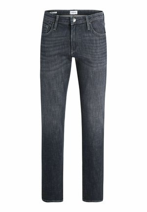 Dunkelgraue Slim-Fit-Jeans mit vorderem Knopf und Reißverschluss, vorderen und Münztaschen sowie Gürtelschlaufen.