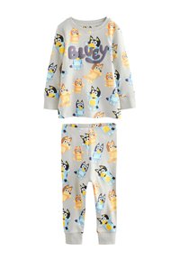 Ensemble pour enfants composé d'un haut à manches longues gris clair et d'un pantalon avec des personnages de chiens de dessin animé colorés et le mot "Bluey" sur le t-shirt.