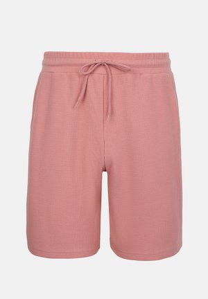 Pantaloni scurți roz din tricot cu model waffle, cu talie elastică și șnur, prevăzuți cu buzunare laterale și croială până la genunchi.
