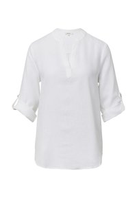Chemise en lin blanc avec un col mandarin, des manches trois-quarts à revers et une coupe décontractée. Design simple et classique.