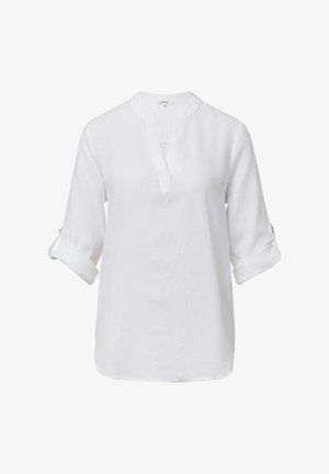 White linen shirt featuring a mandarin collar, three-quarter sleeves with rolled cuffs, and a relaxed fit. Simple and classic design.