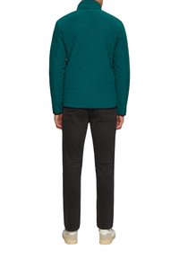 Man in een teal gekwilt jack, zwarte jeans en witte sneakers die met zijn rug naar de camera staat tegen een witte achtergrond.
