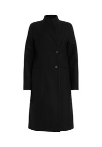 Czarny wełniany płaszcz z wysokim kołnierzem, dwurzędowym zapięciem, dwoma guzikami, bocznymi kieszeniami i dopasowanym krojem. Gładka faktura i minimalistyczny styl.