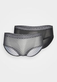 Black and gray women's briefs, one with a sheer dotted pattern and the other solid, featuring soft elastic waistbands and curved leg openings.