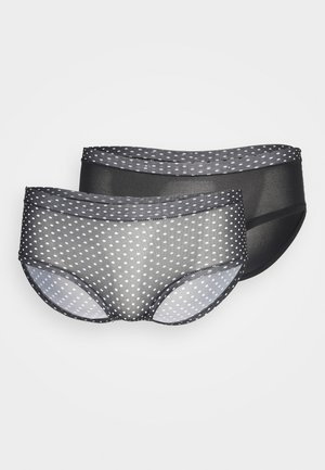 Zwart en grijs damesonderbroek, de ene met een sheer stippenpatroon en de andere effen, met zachte elastische taillebanden en afgeronde beenopeningen.