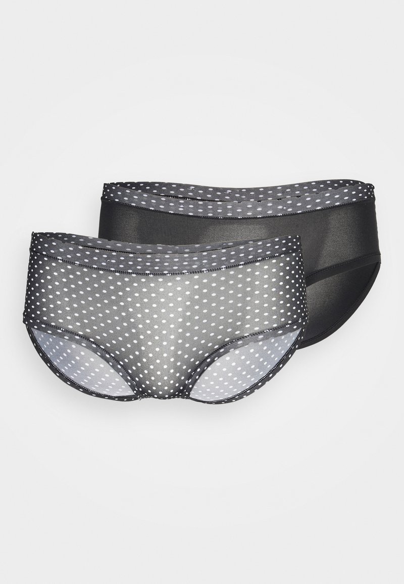 Black and gray women's briefs, one with a sheer dotted pattern and the other solid, featuring soft elastic waistbands and curved leg openings.