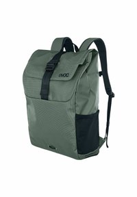 Green textured backpack with a fold-over flap, black accents, adjustable straps, and a side mesh pocket. Features a sturdy buckle closure.