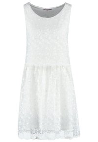 Weißes ärmelloses Kleid mit floraler Stickerei, rundem Ausschnitt, gestuftem Design und Spitzenbesatz am Saum. Leichtes, transparentes Gewebe.