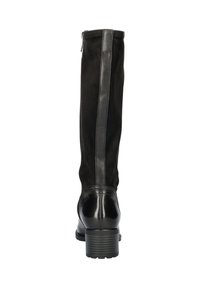 Zwarte enkellaarzen tot halverwege het kuit met een blokhak, een rits aan de achterkant en een verticale leren strook die langs de achterkant loopt.