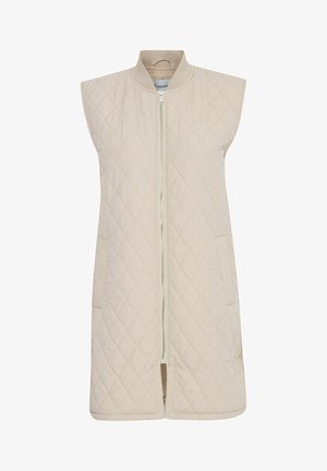 Beige gesteppte ärmellose Weste mit hohem Kragen, vorderem Reißverschluss und zwei seitlichen Taschen, die eine glatte Textur und ein Rautenmuster aufweist.