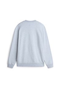 Lys grå sweatshirt med rund halsudskæring, lange ærmer og ribbede manchetter og kant. Lavet af blødt stof med en glat overflade.