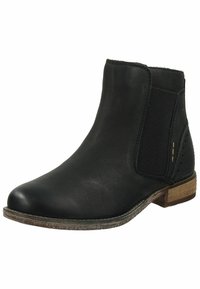 Botín negro de cuero hasta el tobillo con paneles laterales elásticos, puntera redondeada y tacón marrón texturizado. Presenta perforaciones decorativas en el lateral.