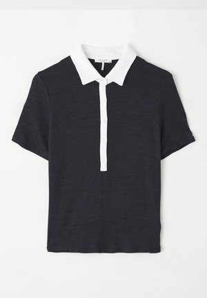 Navy blue short-sleeve polo shirt with a white collar, featuring a buttoned placket and a textured fabric. Classic design and fitted shape.