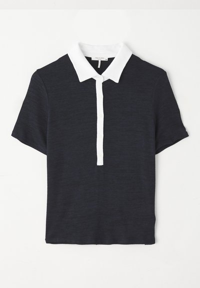 Navy blue short-sleeve polo shirt with a white collar, featuring a buttoned placket and a textured fabric. Classic design and fitted shape.