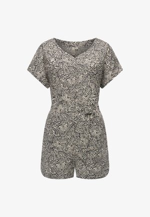 Jumpsuit a trama bianca e nera con maniche corte, scollatura a V, vita cintrata e vestibilità ampia. Presenta un motivo floreale con dettagli intricati.