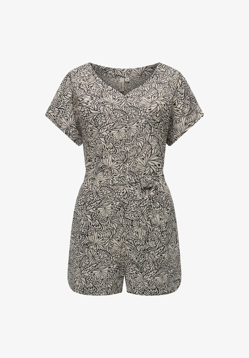 Zwart-wit gestreepte jumpsuit met korte mouwen, V-hals, een cinched taille en een losse pasvorm. Bevat een bloemenontwerp met verfijnde details.