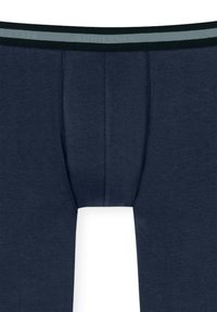 Dark navy men's boxer briefs with a smooth texture, featuring a contrasting grey and dark green elastic waistband and a front pouch design.