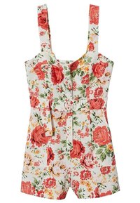 Bloemrijke romper met banden, voorzien van een witte basis, grote rode en oranje rozenpatronen, een ceintuur in de taille en voorzakken.
