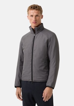 Gray insulated jacket with a high collar, front zipper, and side pockets. Smooth texture, featuring a minimalist design and tailored fit.