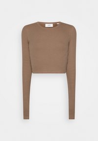 Długi rękaw, krótki top z gładkiej brązowej strukturalnej tkaniny. Posiada okrągły dekolt i subtelne detale przeszyć na krawędziach.