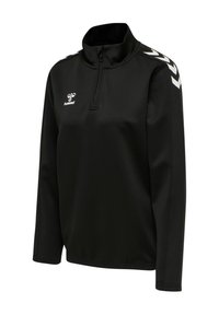 Zwarte longsleeve sportpullover met een ritssluiting bij de kraag en witte chevronpatronen op de schouders. Gemaakt van glad, elastisch materiaal.