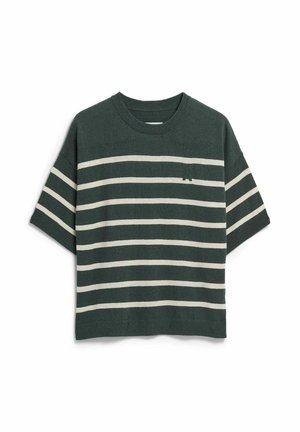 Dunkelgrüner Pullover mit kurzen Ärmeln, weißen horizontalen Streifen und einem kleinen gestickten Logo auf der linken Brust.