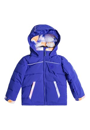 Lila Puffer-Jacke mit Kapuze, ausgestattet mit einem floral gemusterten Innenfutter. Bemerkenswerte Details sind kontrastierende helle Akzente und zwei Fronttaschen.