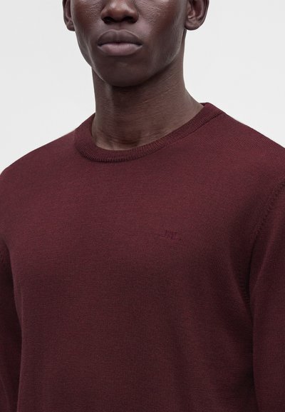 Homme portant un pull bordeaux uni à col rond montrant la zone de la poitrine et du cou sur un fond clair.