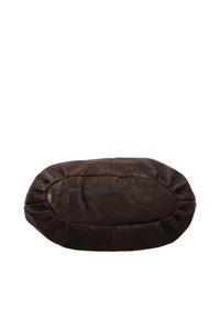 Oval-shaped dark brown leather bag base with visible stitching and gathers around the edges on a white background.