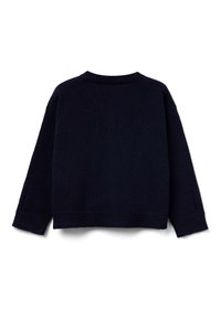 Námořnický modrý pletený svetr, kulatý výstřih, zkrácený design, žebrované manžety a lem, s otevřeným švem na rukávech.