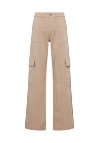 Beige Cargo-Hosen mit weitem Bein aus strapazierfähiger Baumwolle, mit hoher Taille, zwei Fronttaschen und zwei seitlichen Klappentaschen.