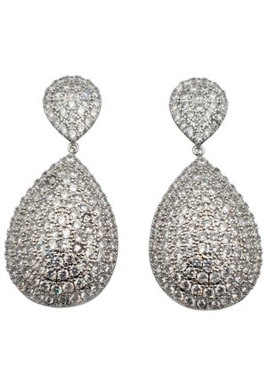 Silberne Tropfohrringe mit kunstvollen Mustern aus klaren Rhinestones, die in Form eines Tropfens angeordnet sind, mit einem größeren oberen und einem kleineren unteren Tier.
