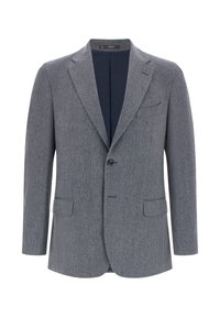 Szary, teksturowany żakiet wykonany z tkaniny tkanej, z zapięciem na jeden guzik, klapami z wykrojem oraz dwiema przednimi kieszeniami. Podszewka w ciemnym granacie.