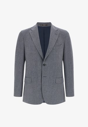 Hallitatud hall tekstuurne bleiser, mis on valmistatud kudumistööst, koos ühe nööbiga sulgemise, lõikega lapelidega ja kahe esikotiga. Vooderdatud tume tumesinine.