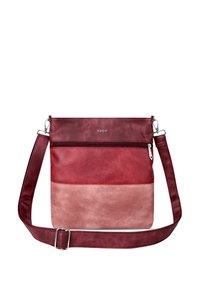 Kožená crossbody taška s dvoubarevným designem v tmavě a světle červené, s horním zipovým uzávěrem a nastavitelným popruhem. Viditelné jméno značky "VUCH".