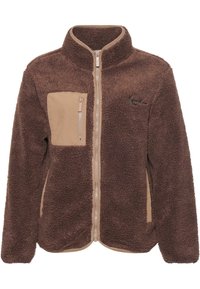 Giacca in pile marrone con colletto alto, zip frontale e tasca in tessuto beige con zip sul lato sinistro del petto. Superficie morbida e texturizzata.