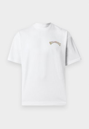 White cotton t-shirt with a crew neck and short sleeves. Features colorful embroidered text design on the left chest area.