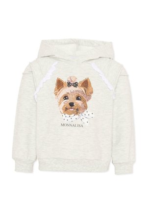 Jasnoszara bluza z kapturem i długimi rękawami, z naszytym cekinowym wizerunkiem psa z kokardką i apaszką w kropki oraz napisem "MONNALISA" poniżej.