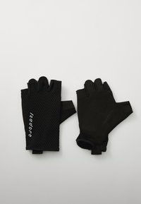 Svart fingerløse hansker laget av nett og polstret materiale. Funksjoner inkluderer ventilasjonshull og logoen 'isadore' foran.