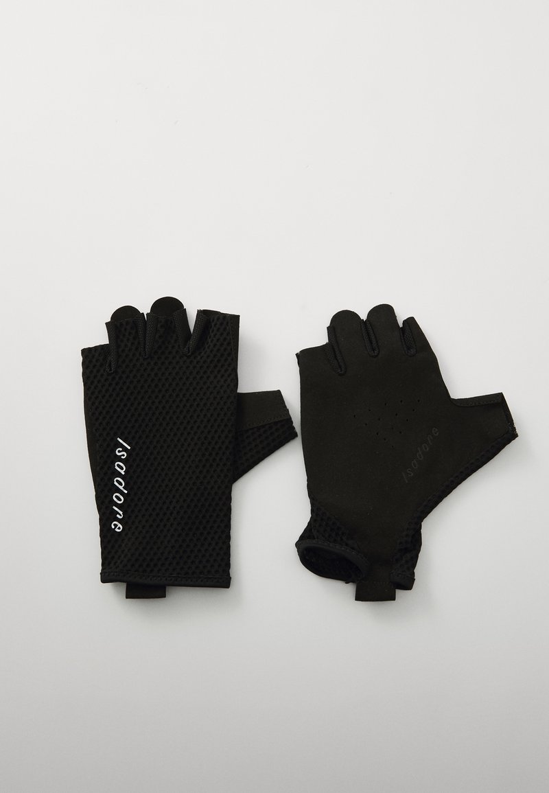 Svart fingerløse hansker laget av nett og polstret materiale. Funksjoner inkluderer ventilasjonshull og logoen 'isadore' foran.
