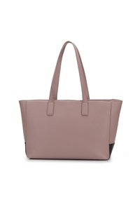 Lila tote väska med två långa handtag och svarta hörndetaljer, uppvisad mot en vit bakgrund.