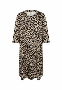 Leopardin kuosinen mekko pyöreällä pääntiellä ja kolmen neljänneksen hihoilla. Valmistettu pehmeästä kankaasta, siinä on rento, laskeutuva siluetti.