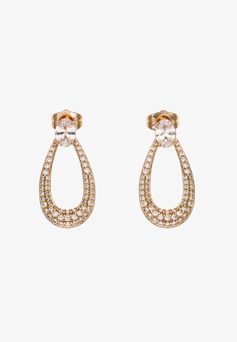 Złote kolczyki wiszące z owalnymi przezroczystymi kamieniami na górze oraz łezkowatymi kształtami pokrytymi małymi przezroczystymi kryształami.