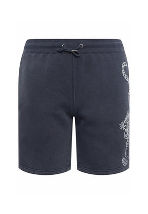 Marineblaue Shorts mit elastischem Bund und Kordelzug, mit einem weißen Tigerumriss auf der rechten Seite.